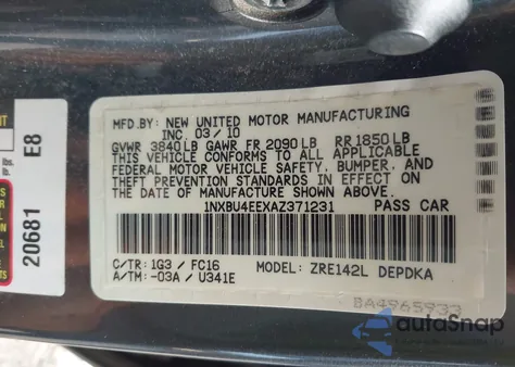 2010 Toyota Corolla Le from USA, damaged, VIN 1NXBU4EEXAZ371231